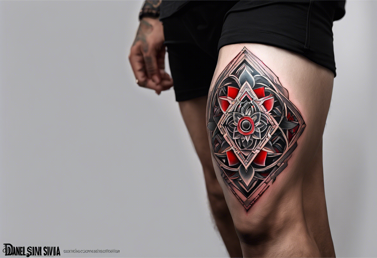 Daniel Silva Knee tattoo with tints of red and sacred geometry tattoo idea