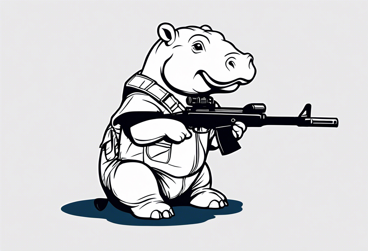 Baby hippo wearing a overalls and holding a sniper rifle tattoo idea