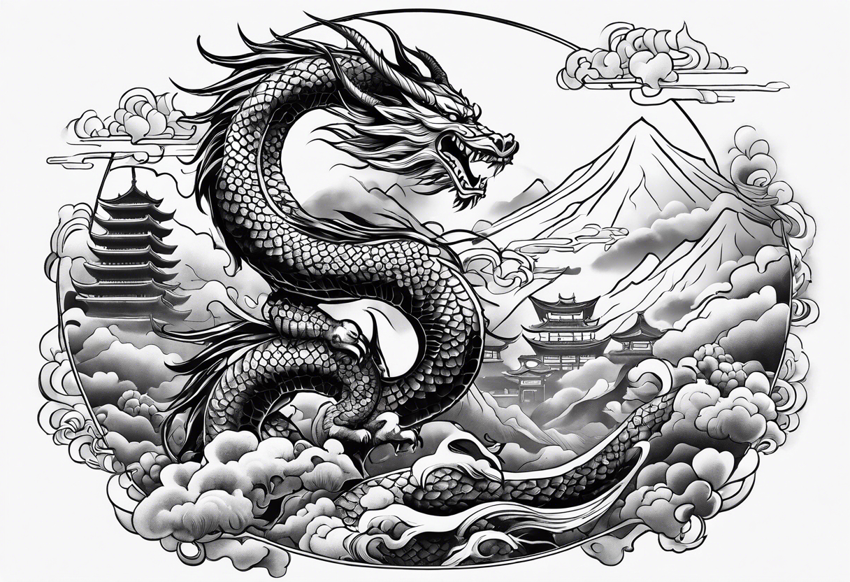 beautiful warrior nymph riding a dragon and the background will be mountains, clouds, and a Japanese building tattoo idea