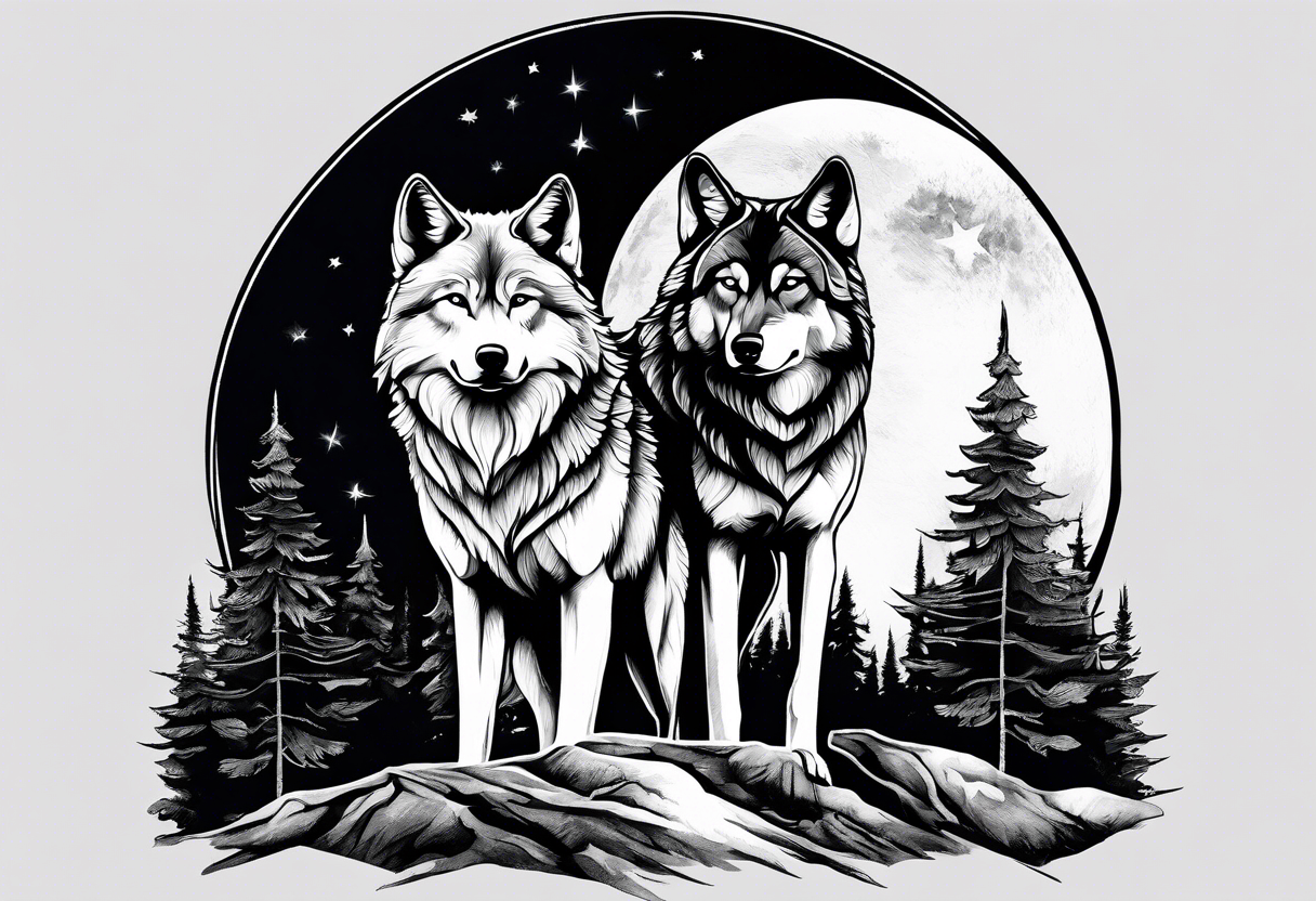 Mountain peaks
Two wolves sitting at end of trail
Moon
Dark woods tattoo idea