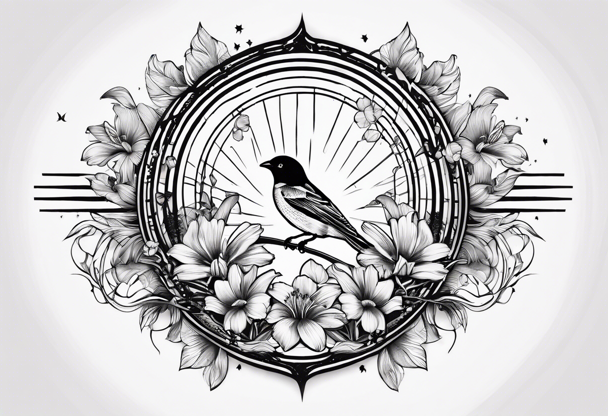 AUM symbol, one flying 
sparrow, sunrays, staircase, cosmos, iris, daisy tattoo idea