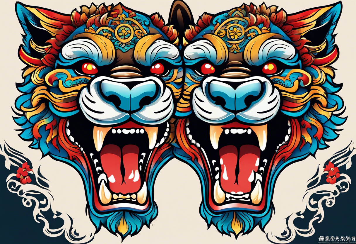 Okinawa-style pair of shisa dogs, one has an open mouth, one has a closed mouth, chest/pecs, Yakuza style, simple tattoo idea