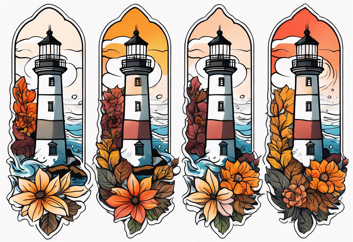 Arm sleeve with fall colors, various flowers, water flow, water splash, light house tattoo idea