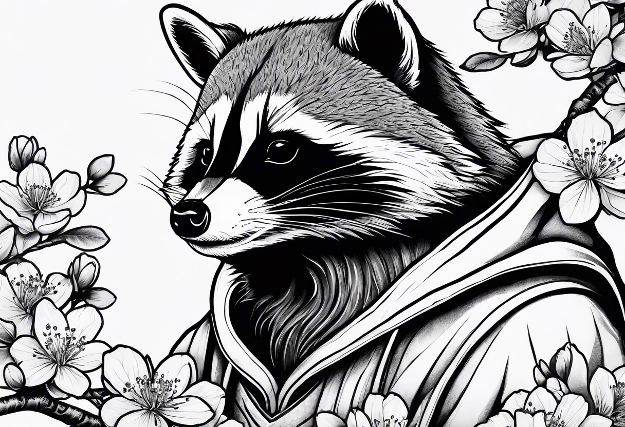 Raccoon wearing a Superman hoodie and Japanese cherry blossoms tattoo idea