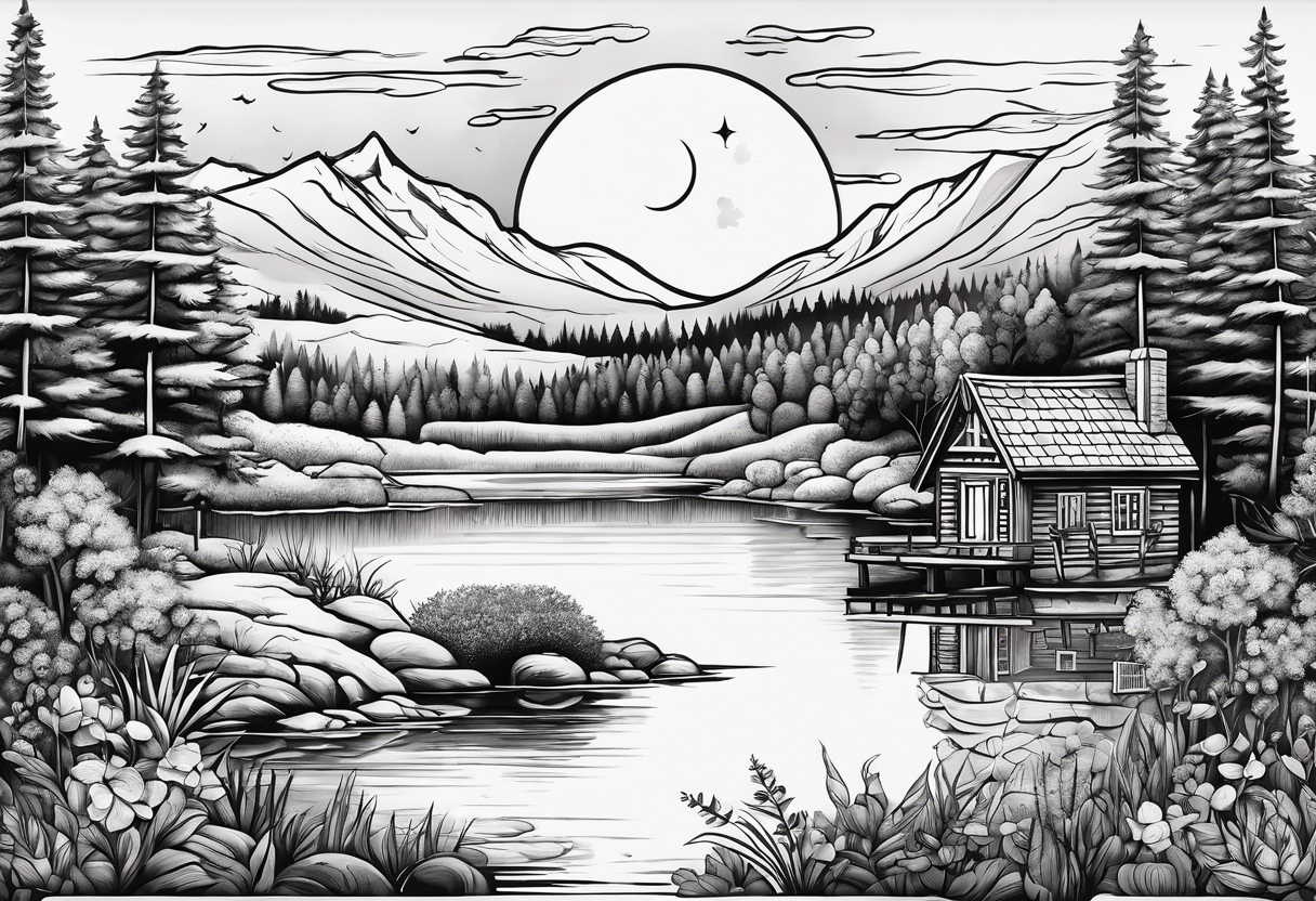 Hidden garden with lake and small cabin in woods with moon and mountains tattoo idea