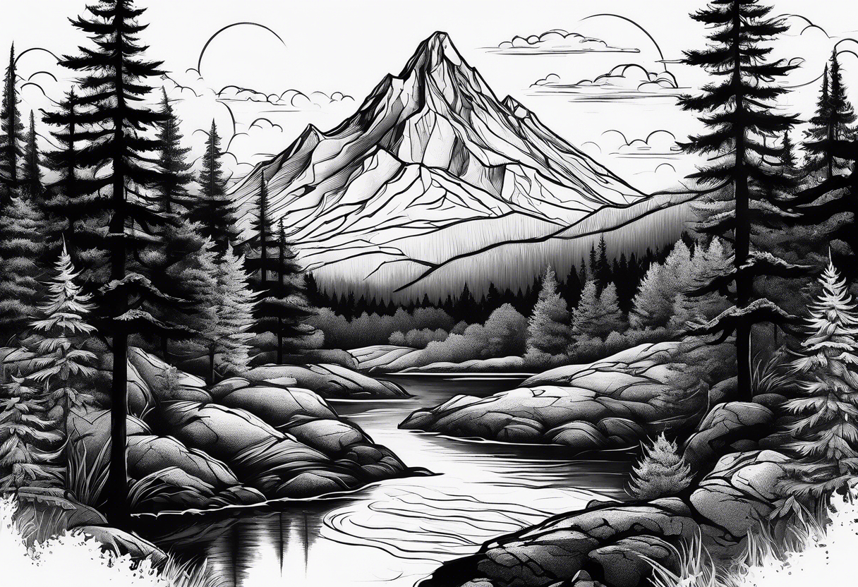 A space mountain landscape overlooking a forest tattoo idea