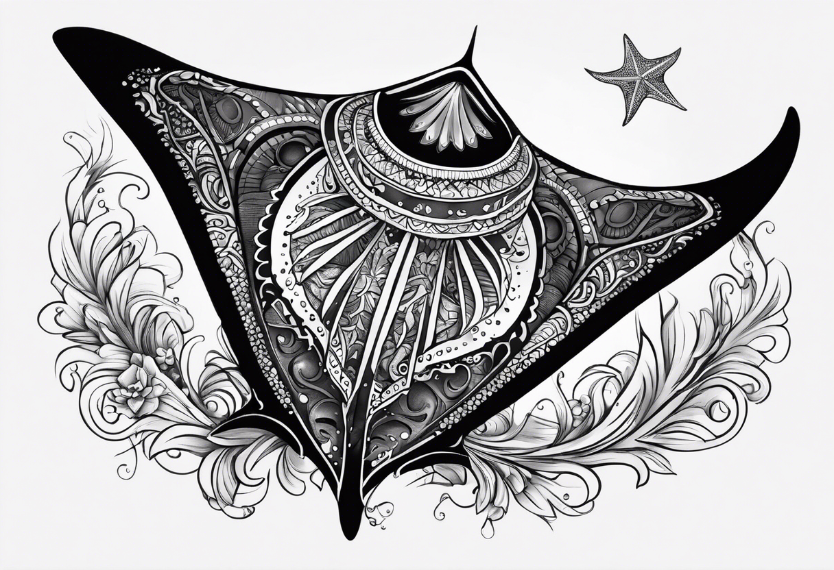 A manta ray with a sea star as a polynesian tattoo. A smaller tattoo for female forearm or wrist tattoo idea