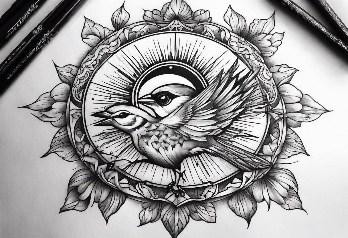 mens neck sleeve sparrow, om symbol, cosmos, iris, daisy, sun rays clouds tattoo idea