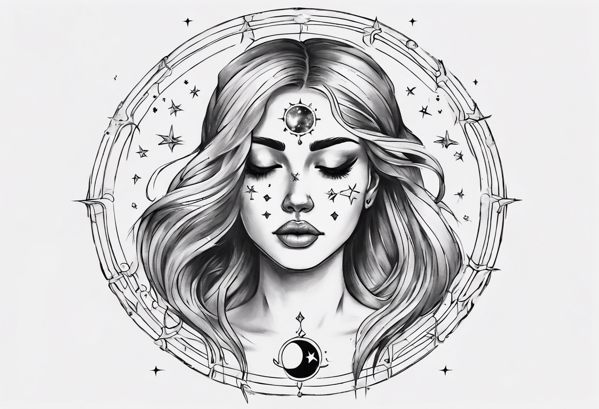 moon phase chest tattoo, semicolon, stars, moons, zodiac Cancer, female face in moon, female face in sun, moon phase between breast tattoo idea