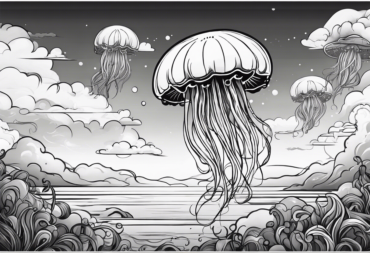 jellyfish with a small head and really long tentacles. Add clouds behind it like it’s floating in the sky tattoo idea