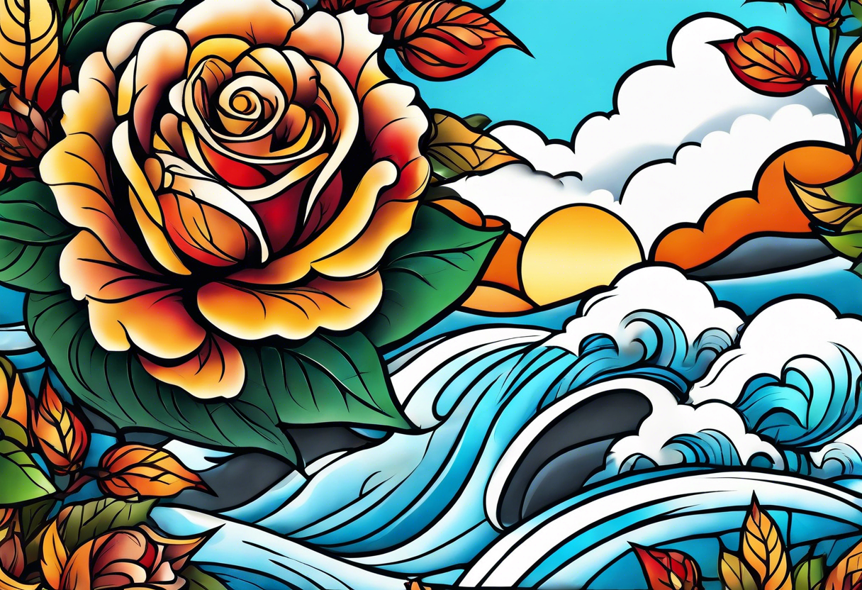 thigh tattoo in fall colors, showing water flow, rocks, sky, clouds, leaves, roses tattoo idea