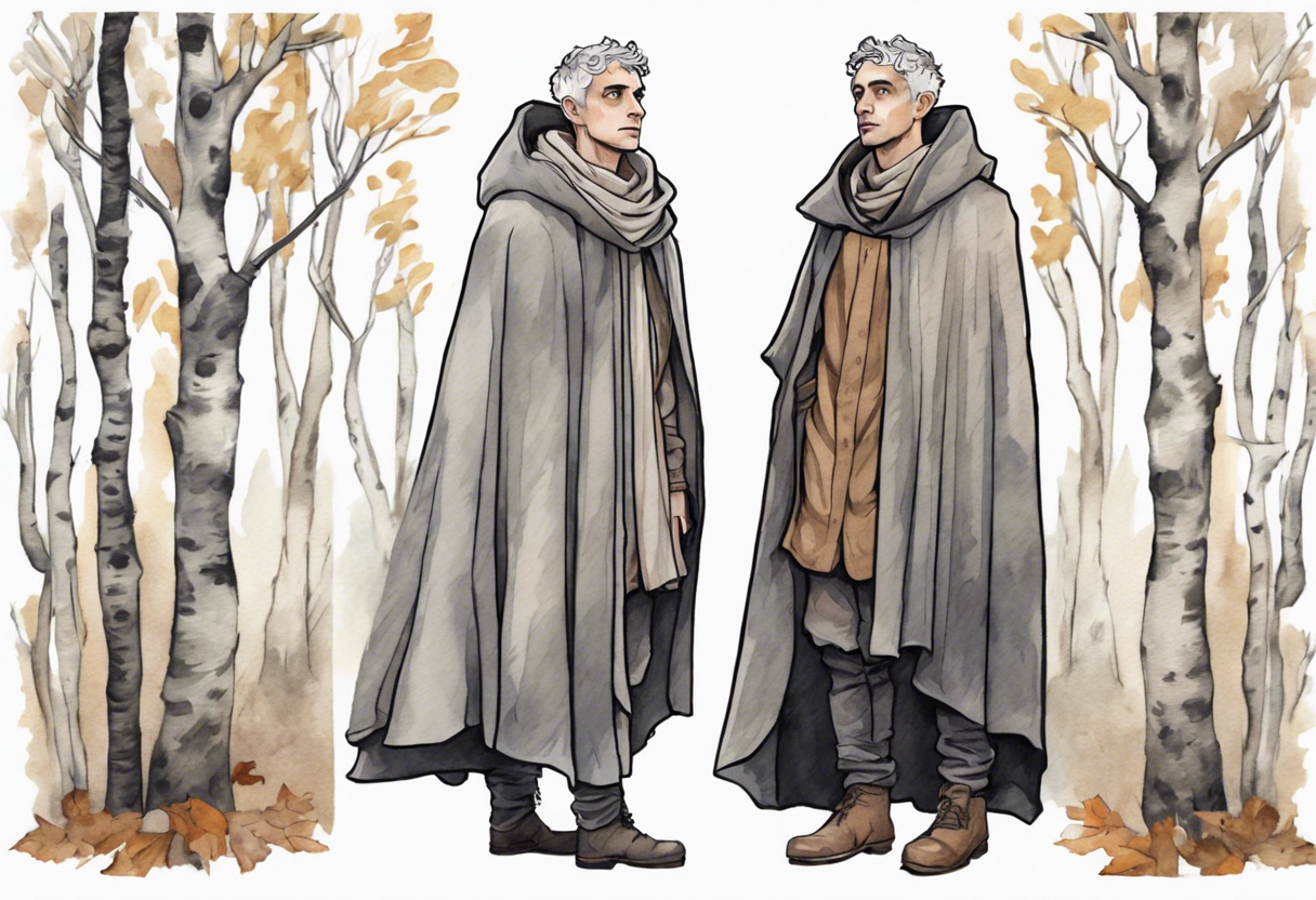 a solitary medieval thoughtful Tan France wearing a grey cloak standing in a birch forest tattoo idea