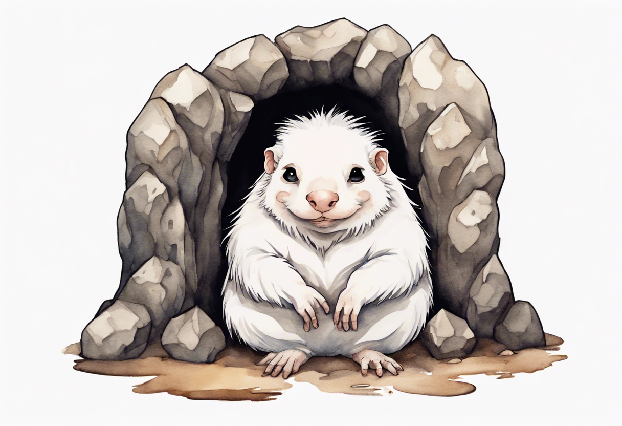 a solitary fat white mole with big breasts with brown dreadlocks and big eyes sitting in stone throne in a cave tattoo idea