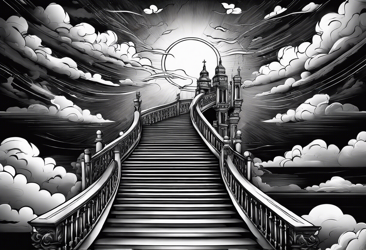 Staircase that leads through the clouds to heaven and ends at the gates of heaven. At the end there is a bright light tattoo idea