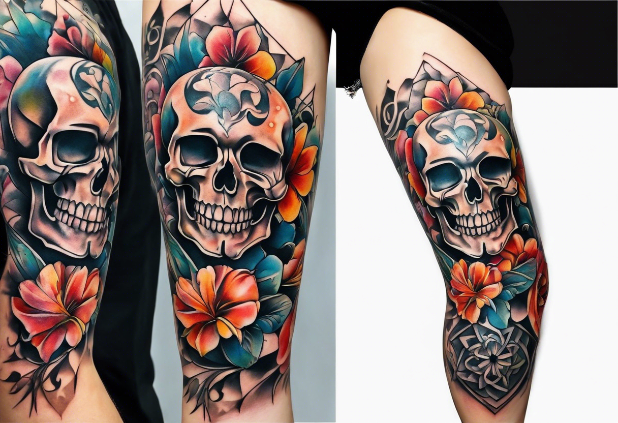 front knee tattoo with flowers & skulls, swirls & water washes, background washes tattoo idea