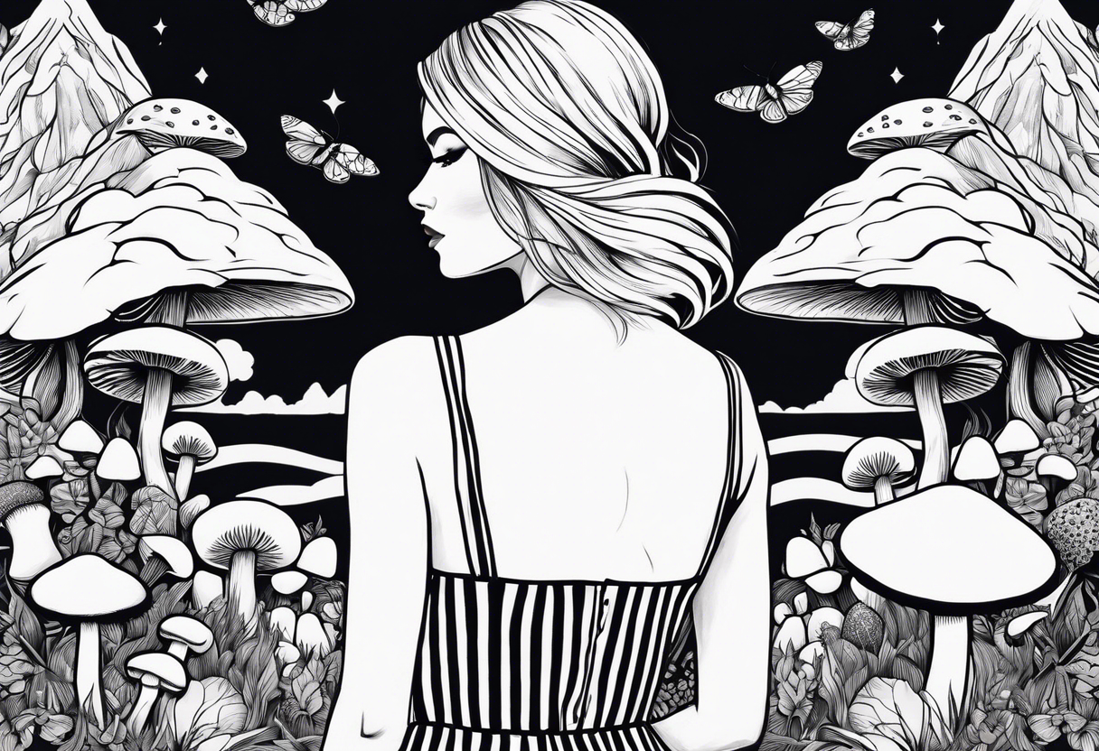 Straight blonde hair girl holding mushrooms in hand facing away toward mountains surrounded by mushrooms circular design black and white striped dress tattoo idea