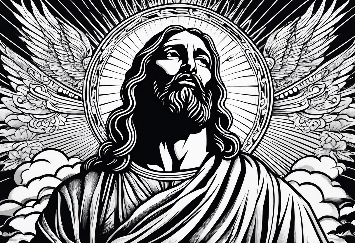 Jesus standing looking down with clouds, sunshine and a dove in the background on the upper arm tattoo idea