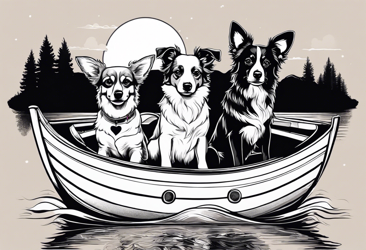 two dogs in a boat. One dog is tan with big ears like a chihuahua. The other dog is black and white and looks like an australian shepherd with floppy ears tattoo idea