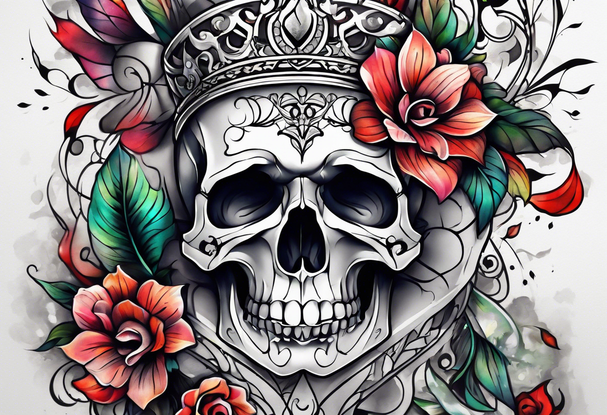 front knee tattoo with flowers & skulls, swirls & water washes, background washes tattoo idea