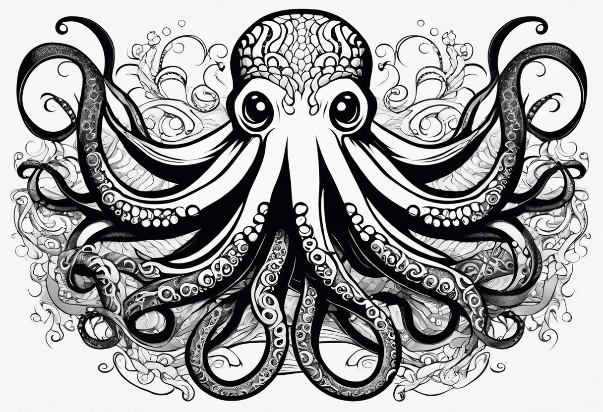 Tribal half sleeve octopus surrounded by ribbons of water waves filled with fish. the octopus has no eyes. Use thick lines only with less detail tattoo idea