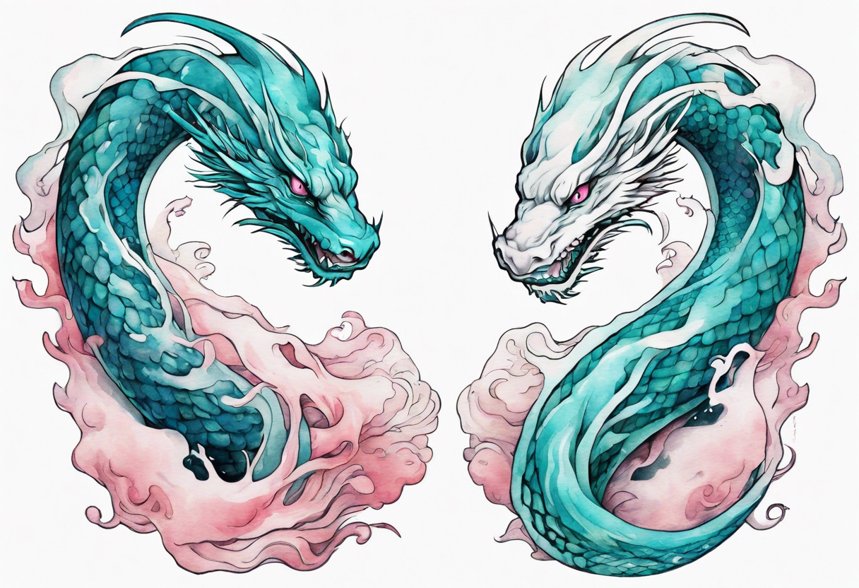 a beautiful turquoise and white and pink Jörmungandr rising from the blue waves of the ocean tattoo idea