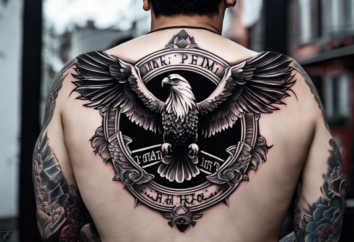 idea of pain for glory in life, discipline and catholic religion. Tattoo on the back with an eagle , 2 pigeon and fish tattoo idea