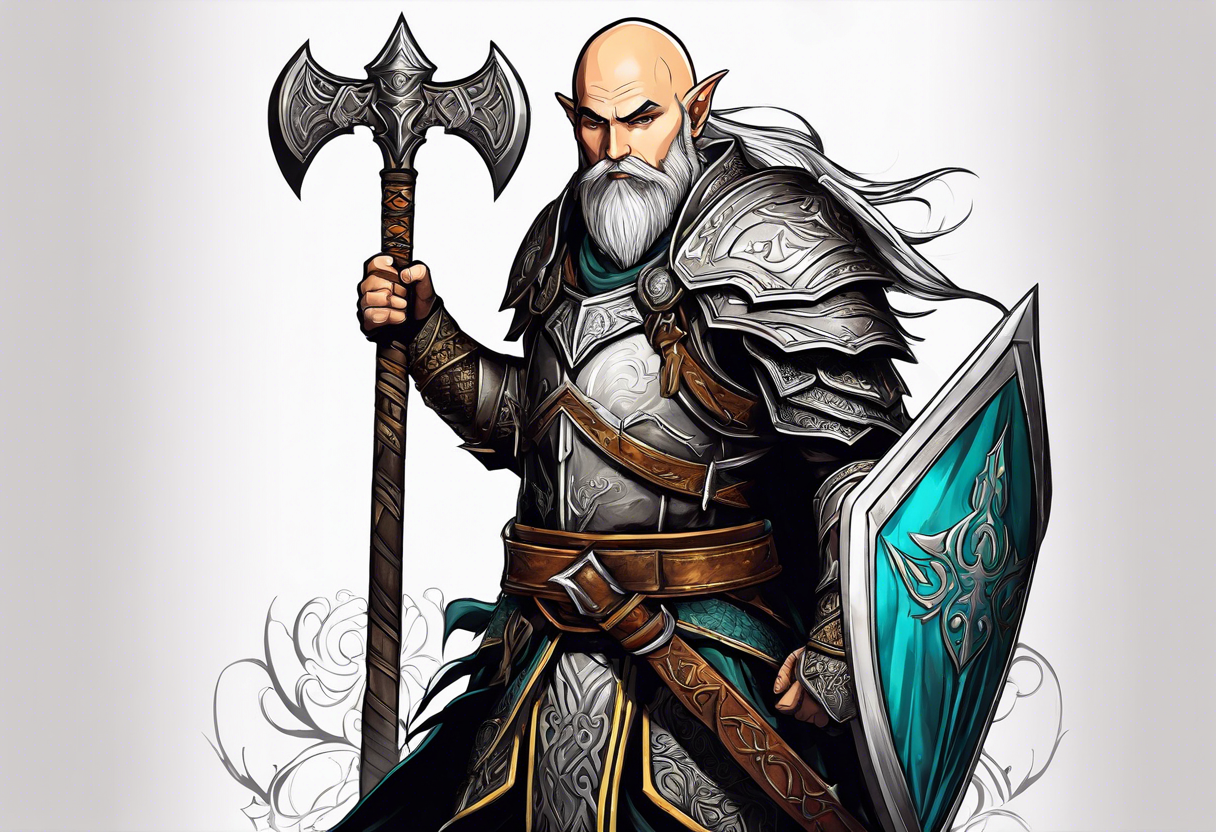 a full-body picture of a 30-year-old, human elf, bearded bald male, paladin, holding a battle axe, tattoo idea