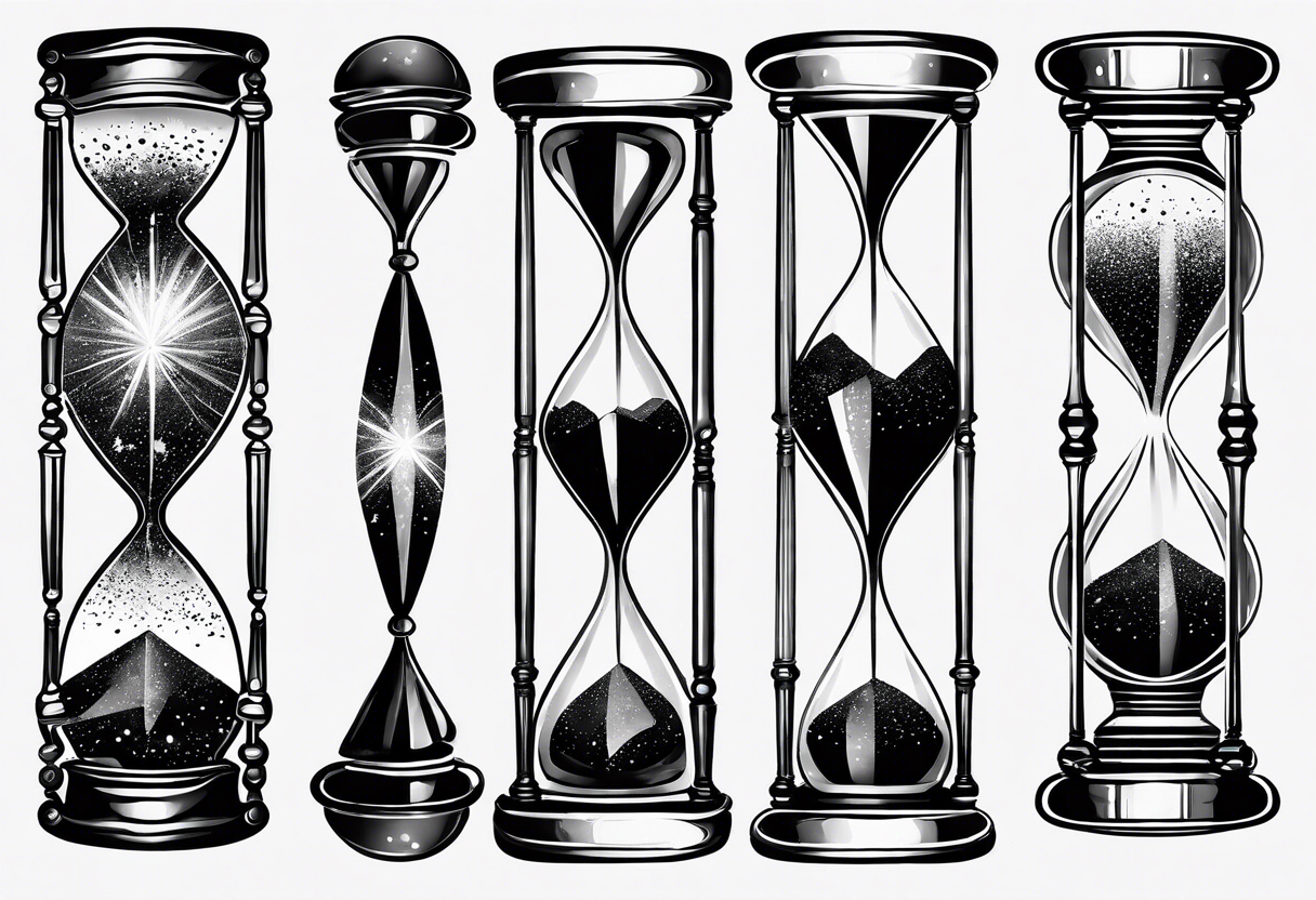 Hourglass, cosmic dust exploding from the top and bottom of the hourglass. Long tattoo to fit on the forearm, masculine, minimalist, 3 tiers tattoo idea