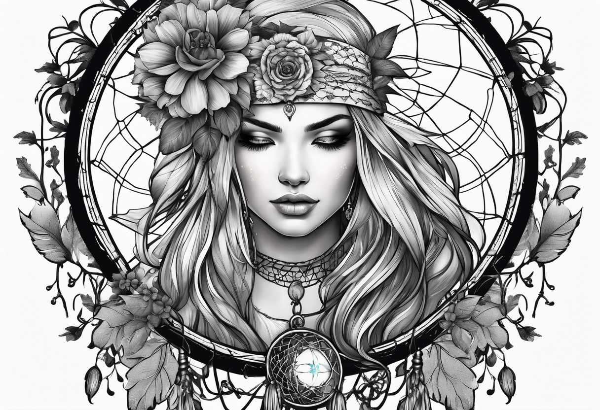 Blindfolded woman looking over a large dream catcher with the scorpio zodiac in the center queen Ann's lace flowers hanging from the bottom tattoo idea