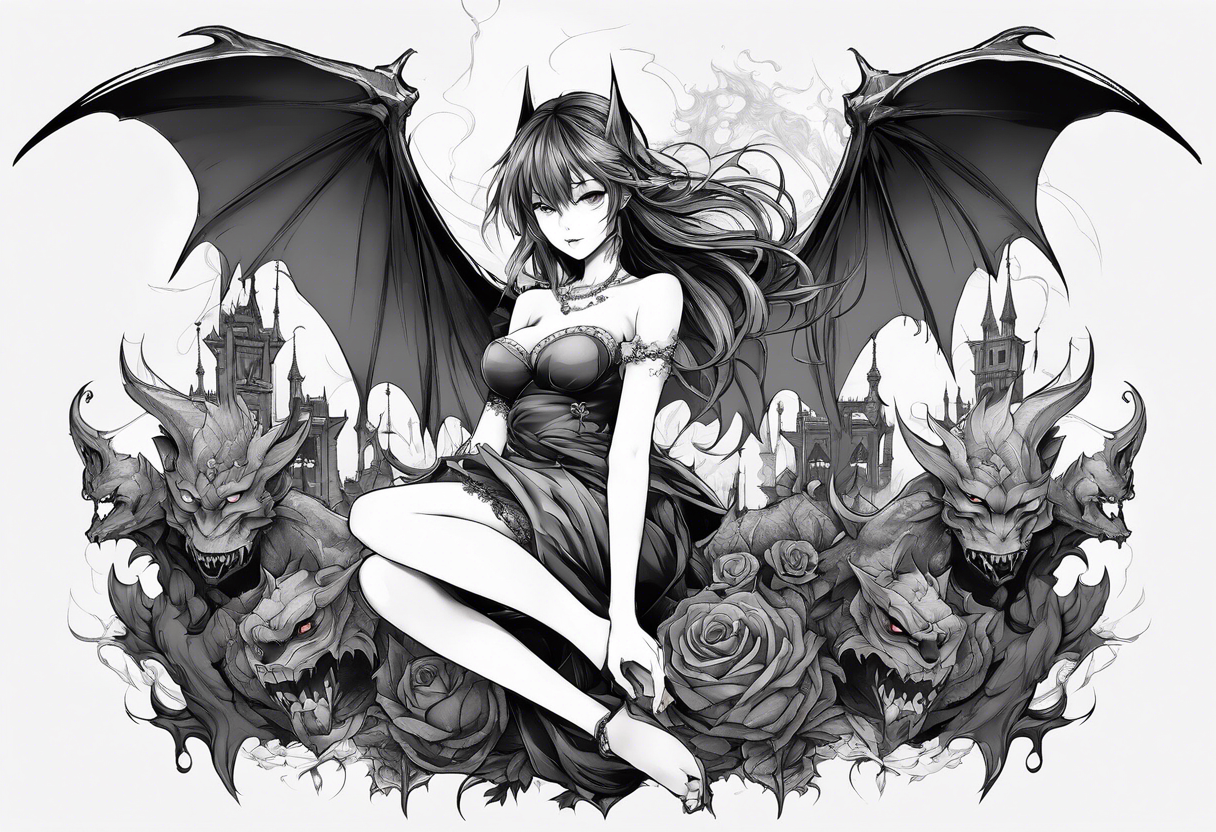 a bleeding anime girl sitting on a ball, and surrounded by gargoyles tattoo idea