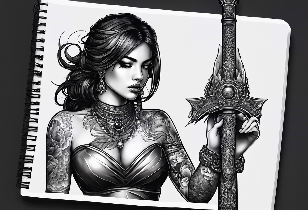 Bind Girl with cover on her eyes with a sword in her hand and in the other hand holds a scale tattoo idea