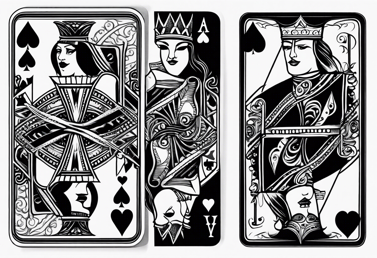 one playing card with both queen of hearts and king of spades incorporated in extreme minimalistic  style tattoo idea