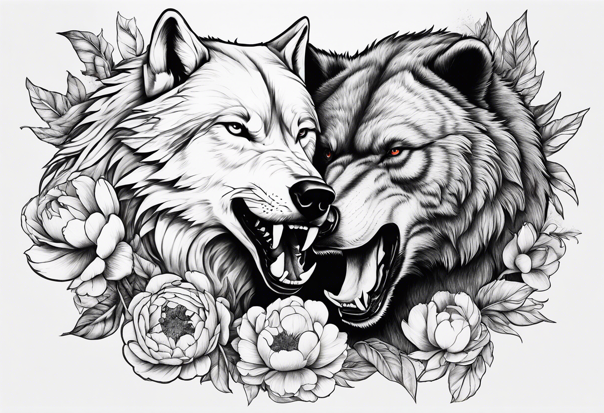 Wolf fighting with bear with peonies and smoke tattoo idea