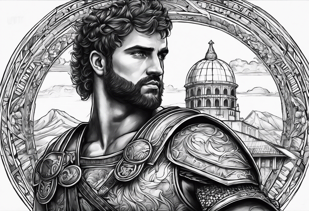 Romain Gladiator full sleeve right arm. Can have Roman buildings, sunset, clouds, fire (no animals) tattoo idea