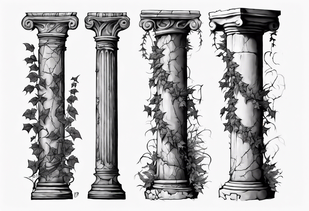 Half of a roman pillar in the Ionian style with the word "OMNIA" inscribed on the top. It has cracks in the middle and overgrown ivy at the bottom. It is turned 20 degrees to the right. tattoo idea