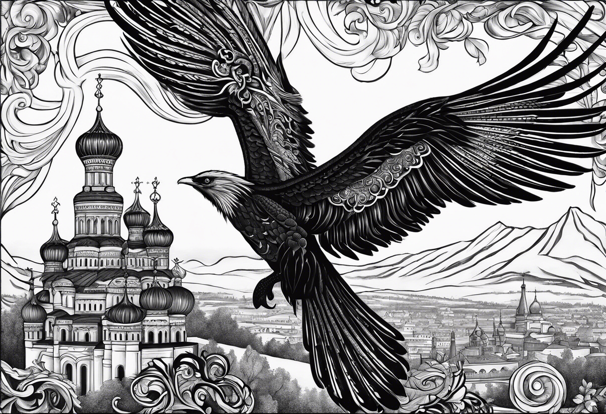 russian firebird in-flight with long fancy tail and 3 small onion cap monastery towers in background, with "Isaiah 43: 18-19" tattoo idea