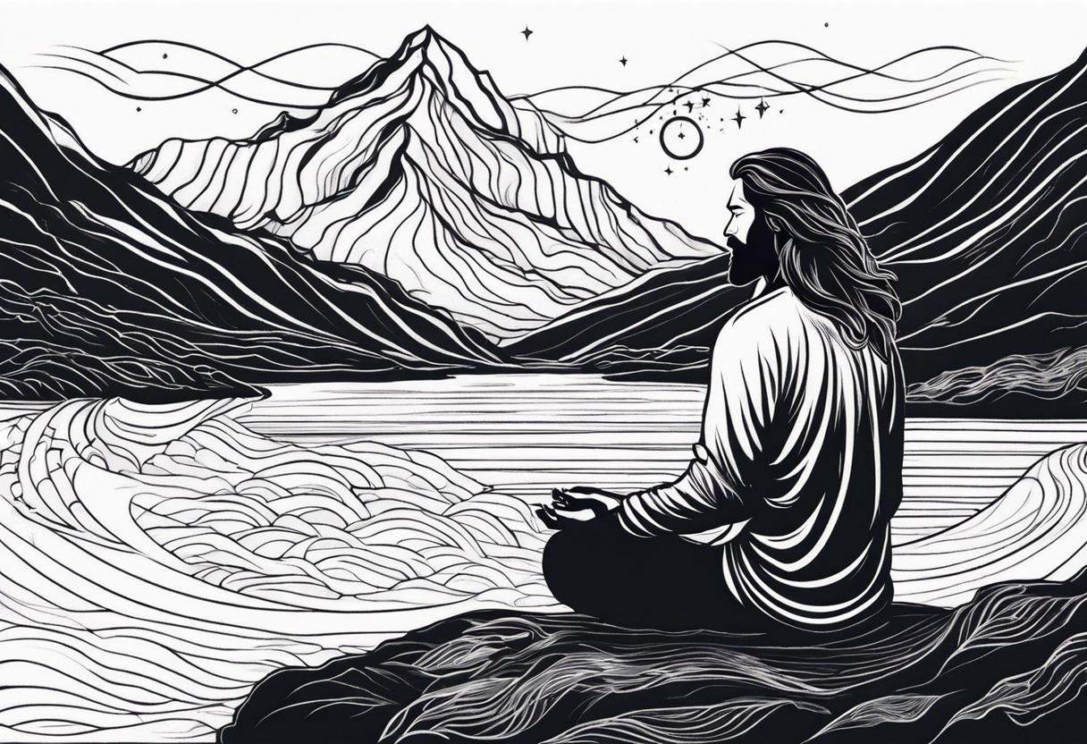 a meditating long haired man by the mountain river, the sky is covered with spiritual pattern tattoo idea