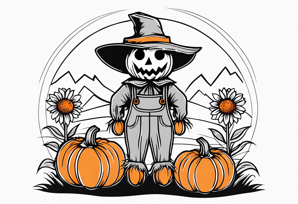 friendly scarecrow with pumpkins and flowers tattoo idea