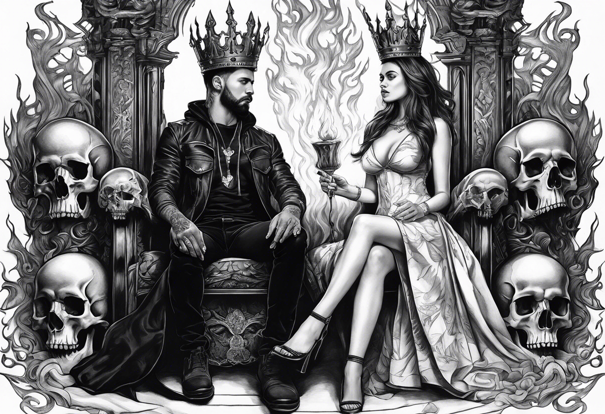 A man wearing a black crown sitting on a throne and a women standing next to him in Hell sitting on skulls with flame above tattoo idea