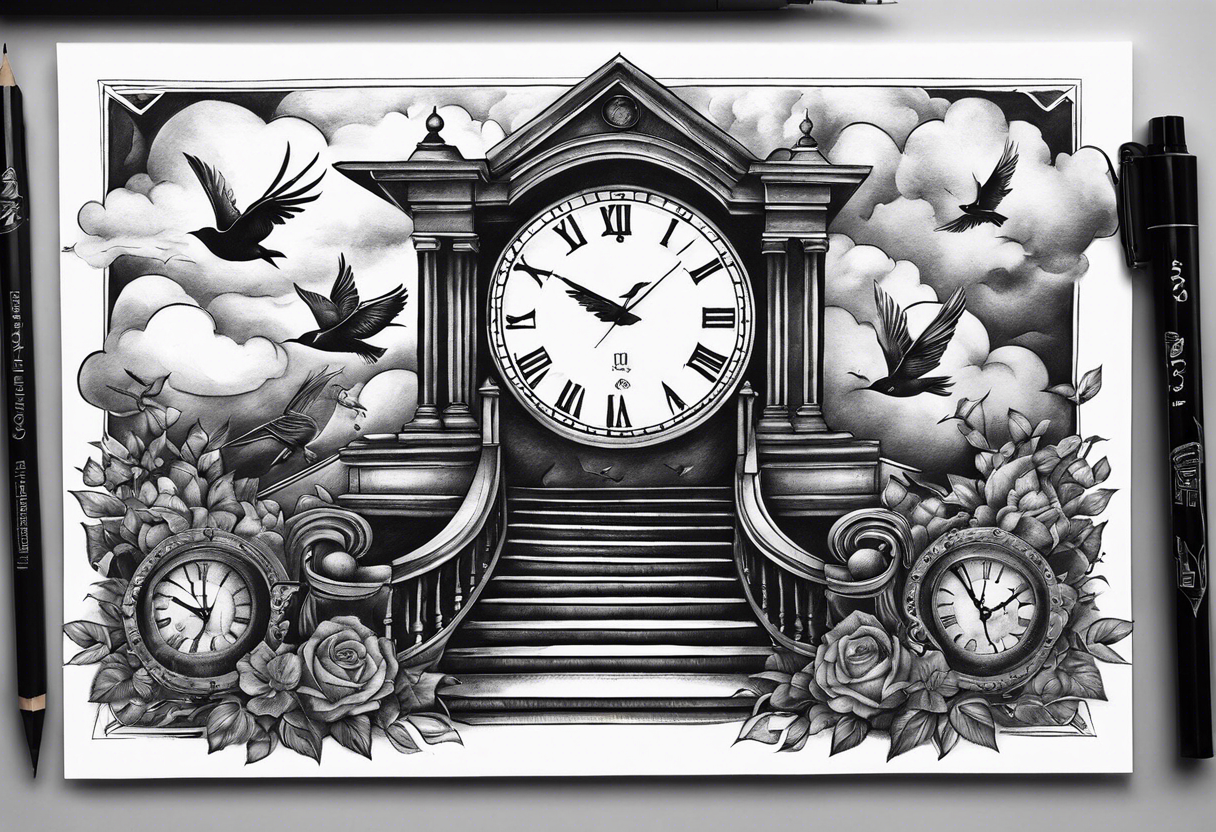 Stairway leading to broken clock, birds in the background in clouds and other cool stuff tattoo idea