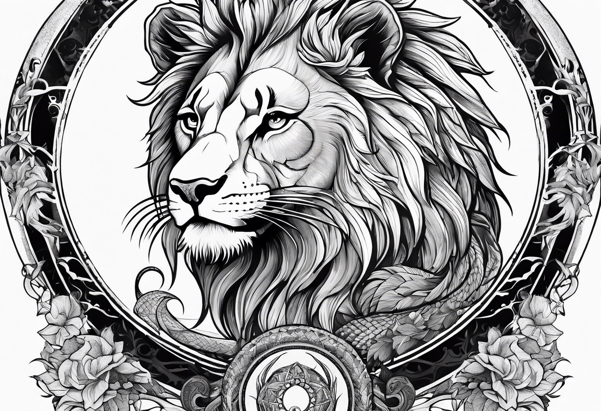 Ouroboros with in center a lion with burned wings tattoo idea