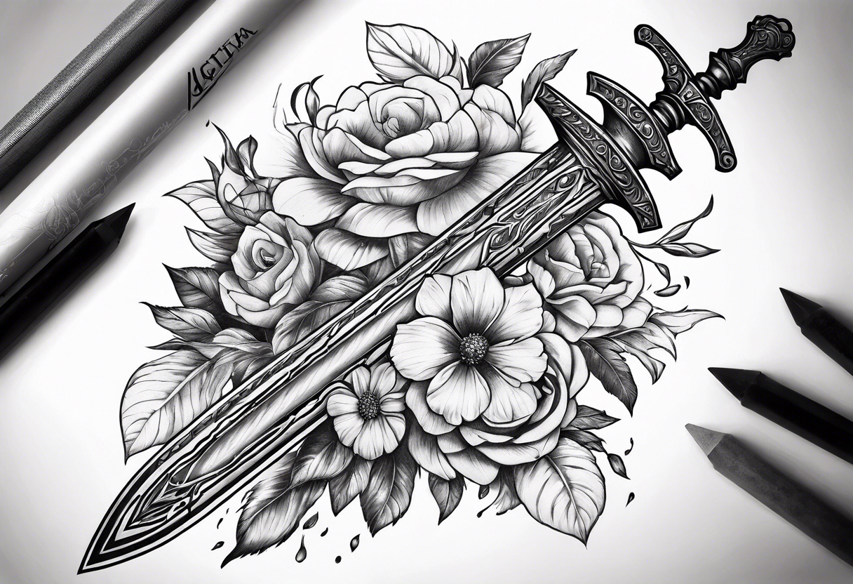 bloody sword with flowers tattoo idea