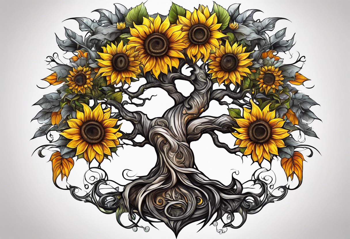 Yggdrasil tree, horse in front of it, and sunflowers tattoo idea