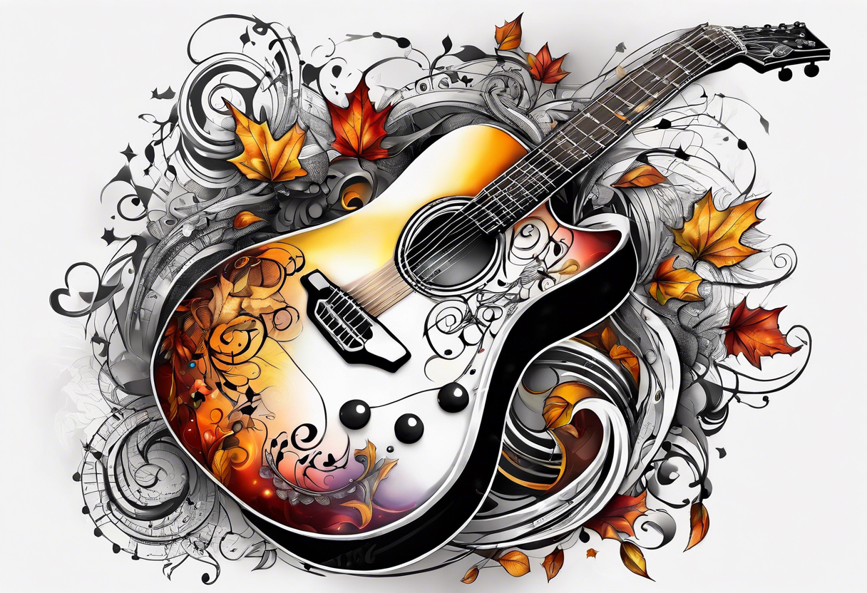 thigh tattoo with fall colors music notation symbols and a guitar tattoo idea