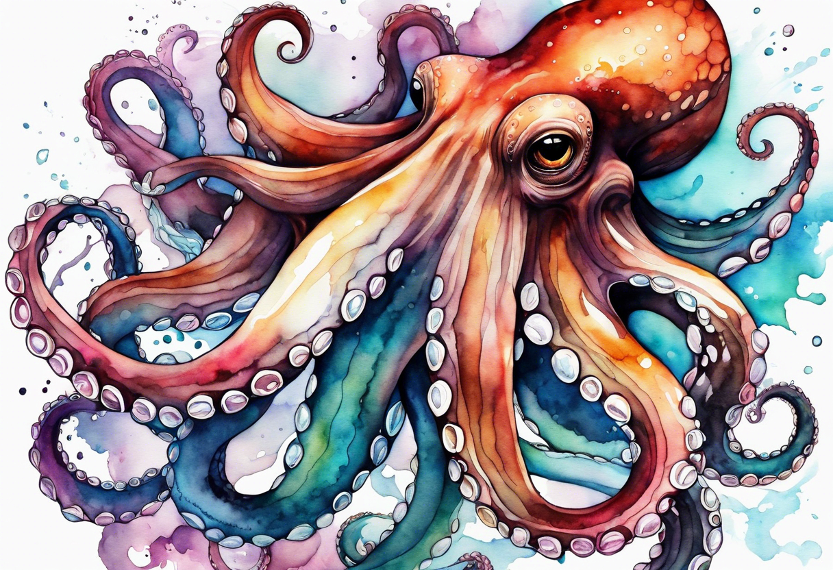 Using the watercolor technique to create a soft, flowing depiction of an octopus, with vibrant colors that bleed outside the lines to represent the fluidity of water. tattoo idea