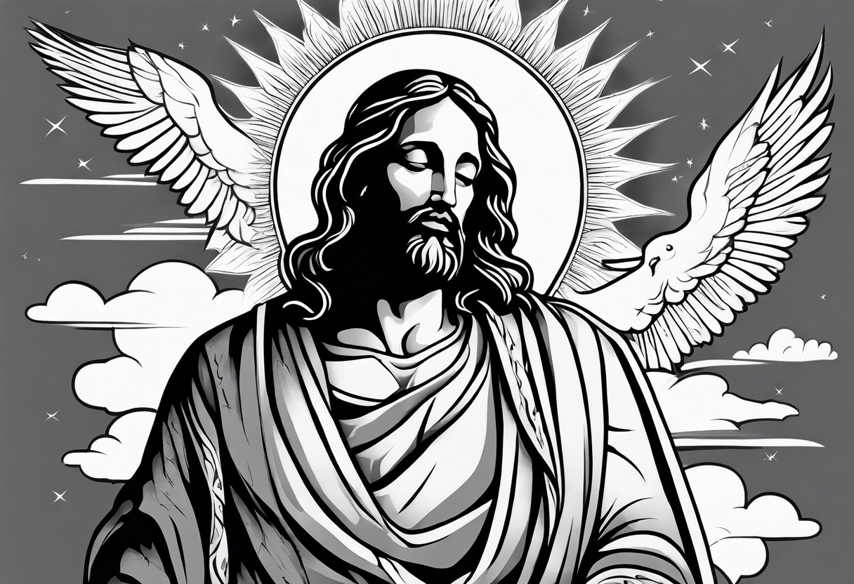 Jesus standing looking down with clouds, sunshine and a dove in the background on the upper arm tattoo idea