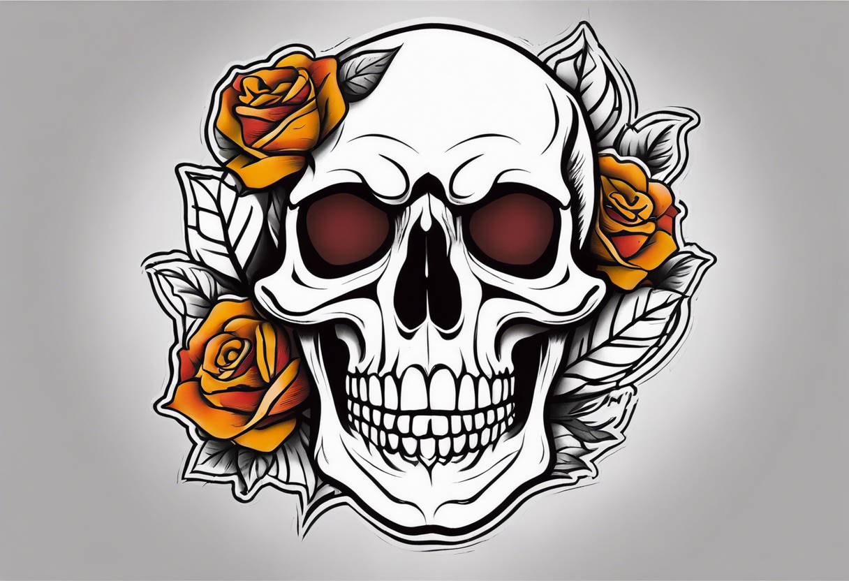 Masculine Old School Knee tattoo in fall colors showing a large skull with a rose  in the style of Jonathan Shaw tattoo idea