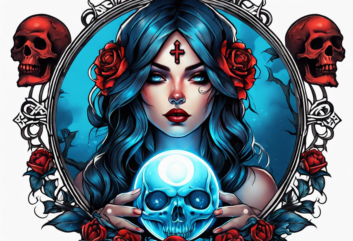 Bright bold Neo traditional tattoo woman with skulls and blood Holding a blue glowing sphere. Crosses for eyes tattoo idea