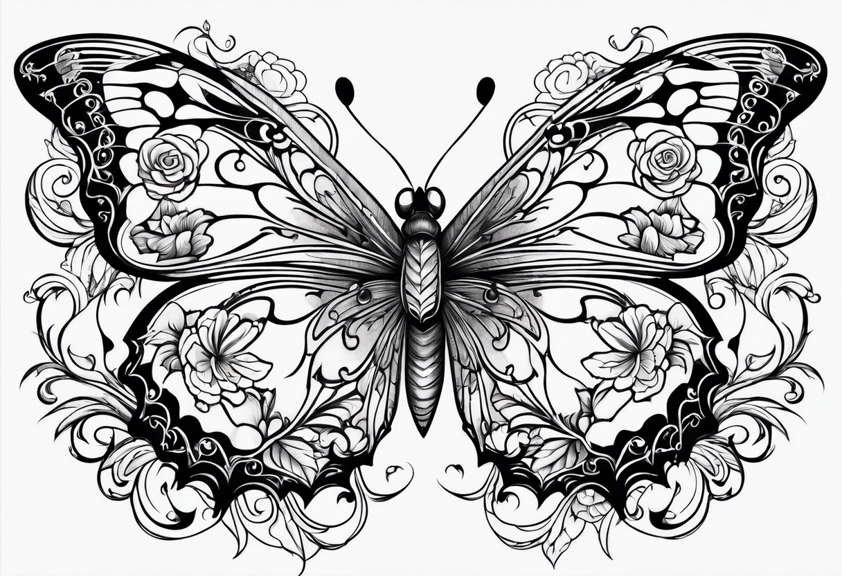 floral design with butterflies & filigree tattoo idea