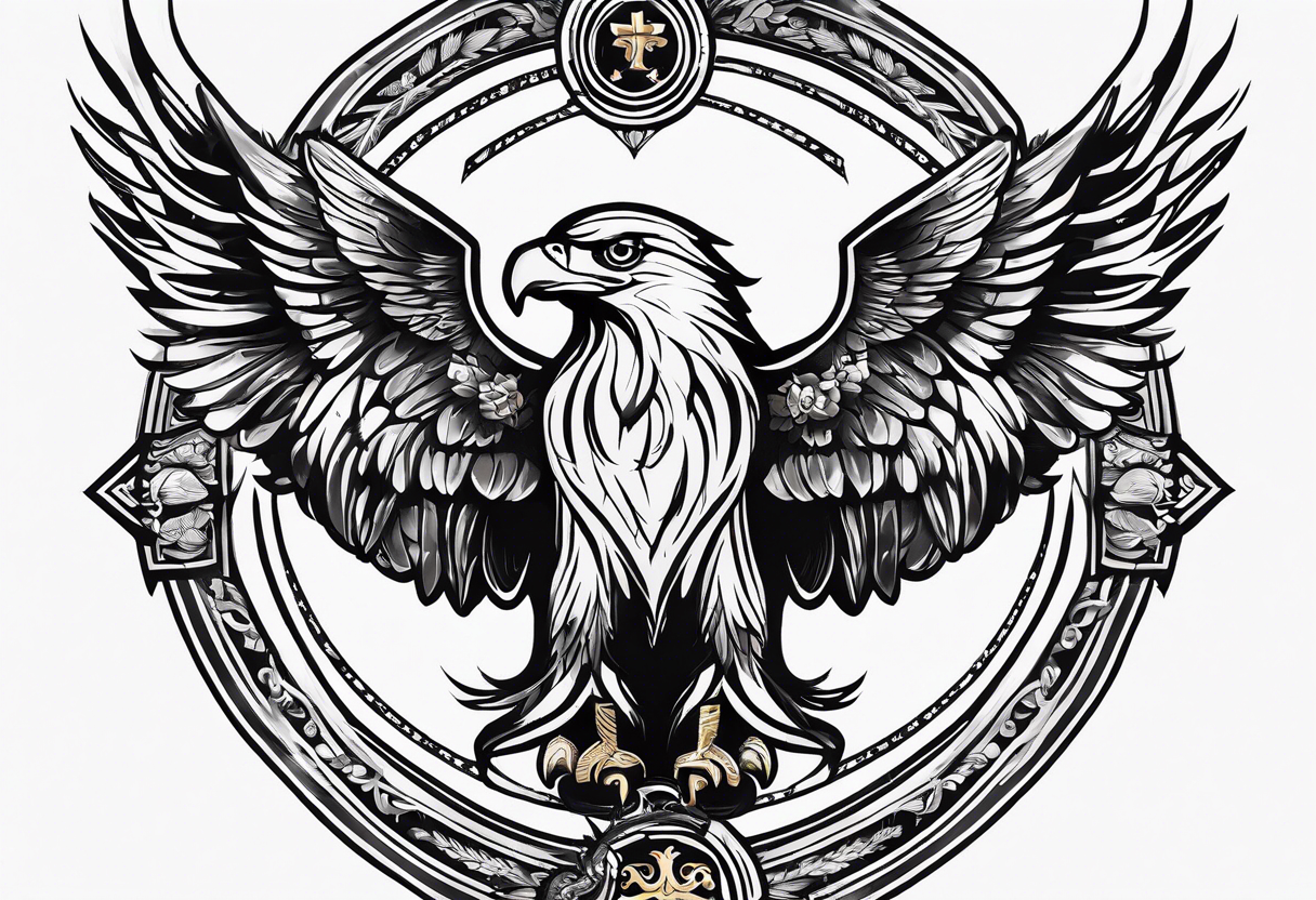 A tattoo that states catholic religion, pain and discipline to achieve your goals in life. it should be placed on the upper back. symbol of an eagle, fish, pigeon tattoo idea